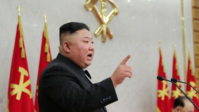 This picture taken on February 8, 2021 and released from North Korea's official Korean Central News Agency (KCNA) on February 9 shows North Korean leader Kim Jong Un attending the first day of the 2nd plenary meeting of the 8th Central Committee of the Workers' Party of Korea (WPK) in North Korea. (Photo by STR / KCNA VIA KNS / AFP) / - South Korea OUT / REPUBLIC OF KOREA OUT   ---EDITORS NOTE--- RESTRICTED TO EDITORIAL USE - MANDATORY CREDIT "AFP PHOTO/KCNA VIA KNS" - NO MARKETING NO ADVERTISING CAMPAIGNS - DISTRIBUTED AS A SERVICE TO CLIENTS
THIS PICTURE WAS MADE AVAILABLE BY A THIRD PARTY. AFP CAN NOT INDEPENDENTLY VERIFY THE AUTHENTICITY, LOCATION, DATE AND CONTENT OF THIS IMAGE. /
